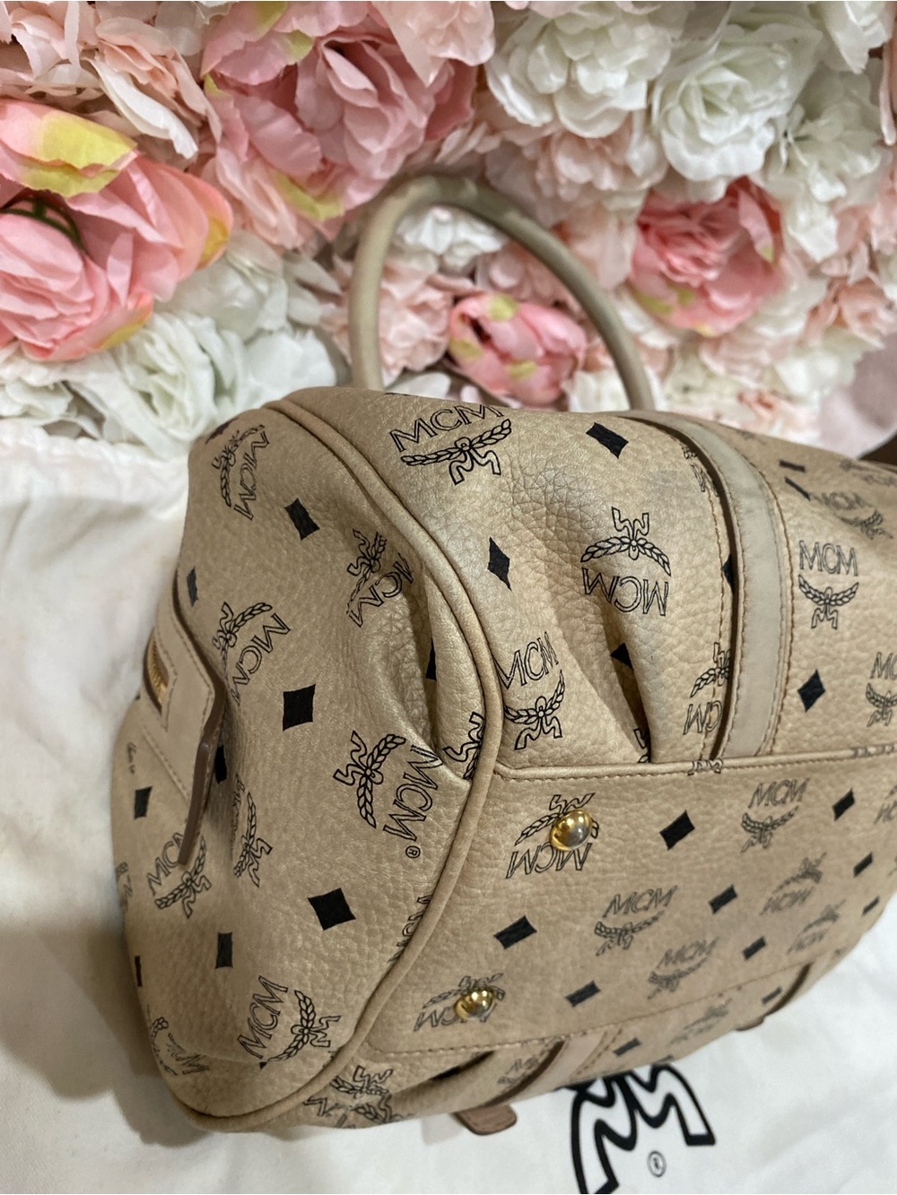 MCM Beige Visetos Logo Satchel with Gold Hardware - Picture 7 of 14